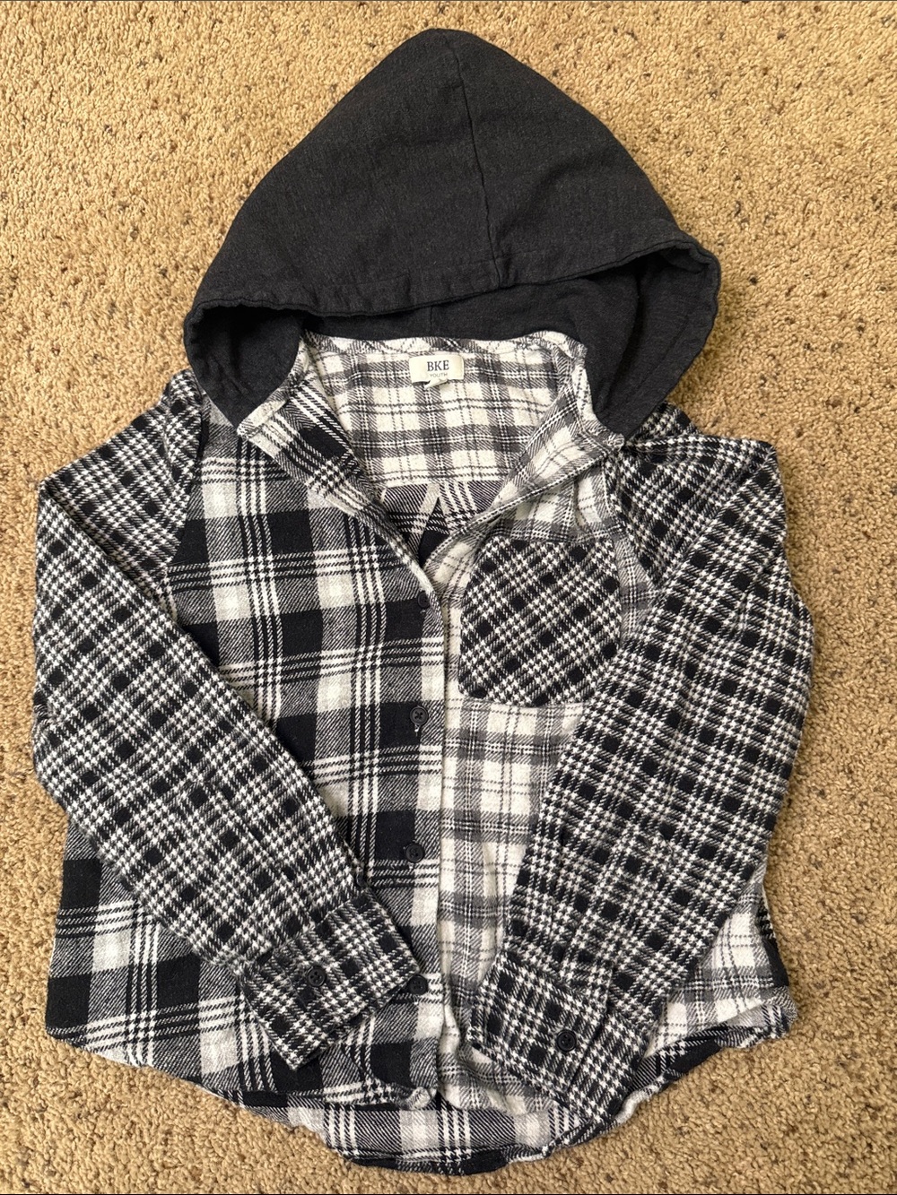 BKE Black & White Plaid Hooded Button-Down Shirt